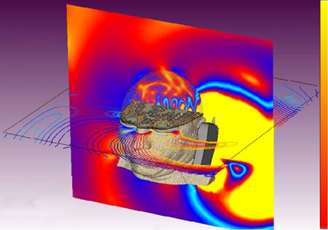 Fig.2. Mobile phone’s electromagnetic field map synthesized by "CST Microwave Studio" program (published by </p>
<p>authority of “ElectronTrade” company, Russia).